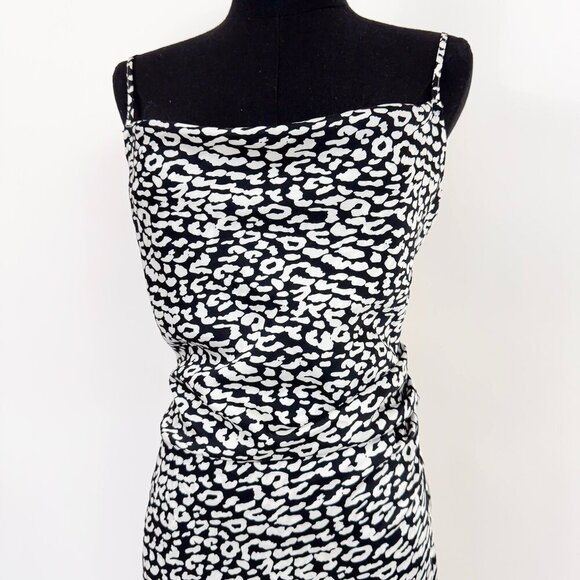 90S STYLE SATIN SLIP DRESS DRAPED COWL NECK BLACK AND WHITE LEOPARD PRINT - Picture 2 of 7
